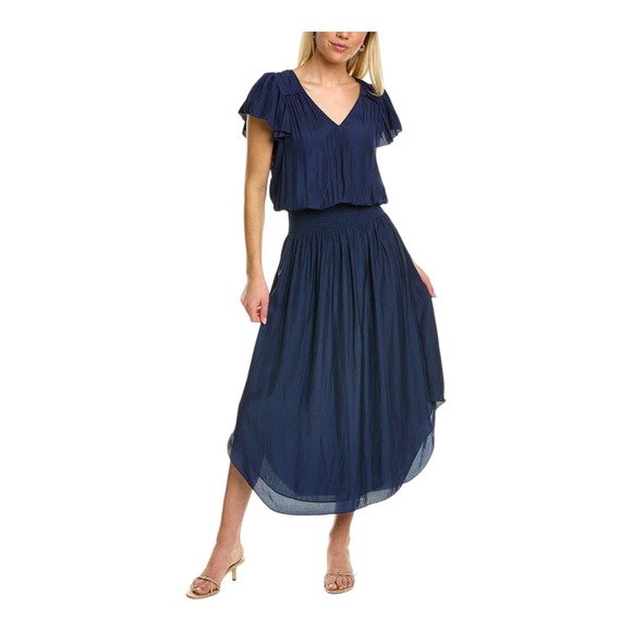 RAMY BROOK Yassi Dress Short Sleeves V-Neck Crepe Elastic Waist Blue NWT - Picture 10 of 10